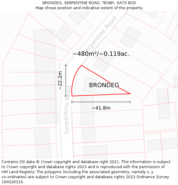 BRONDEG, SERPENTINE ROAD, TENBY, SA70 8DD: Plot and title map