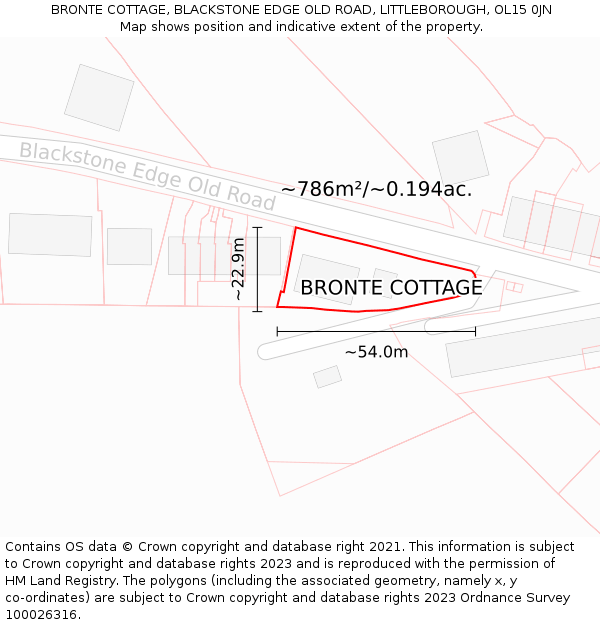 BRONTE COTTAGE, BLACKSTONE EDGE OLD ROAD, LITTLEBOROUGH, OL15 0JN: Plot and title map