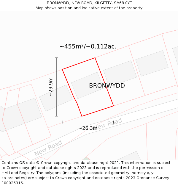 BRONWYDD, NEW ROAD, KILGETTY, SA68 0YE: Plot and title map