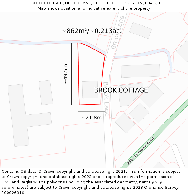 BROOK COTTAGE, BROOK LANE, LITTLE HOOLE, PRESTON, PR4 5JB: Plot and title map