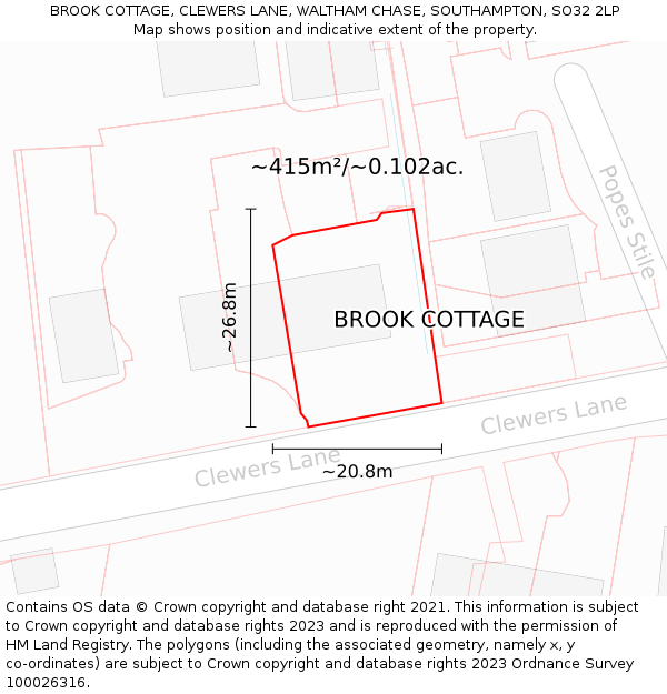BROOK COTTAGE, CLEWERS LANE, WALTHAM CHASE, SOUTHAMPTON, SO32 2LP: Plot and title map