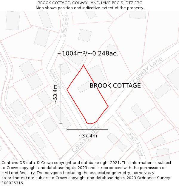 BROOK COTTAGE, COLWAY LANE, LYME REGIS, DT7 3BG: Plot and title map