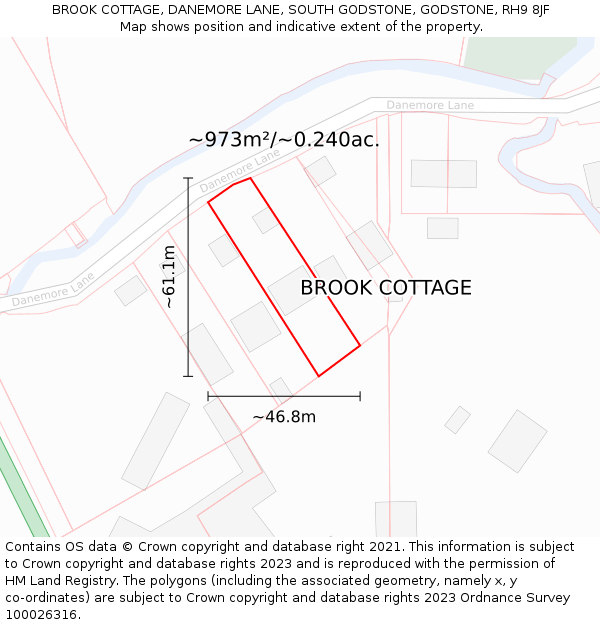 BROOK COTTAGE, DANEMORE LANE, SOUTH GODSTONE, GODSTONE, RH9 8JF: Plot and title map