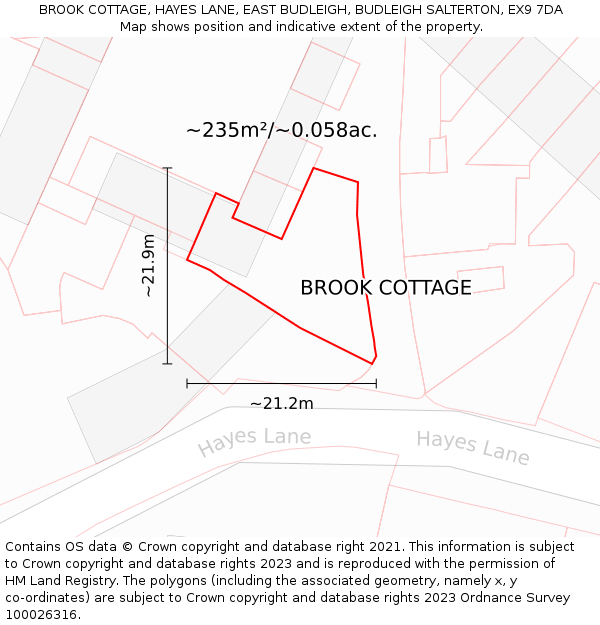 BROOK COTTAGE, HAYES LANE, EAST BUDLEIGH, BUDLEIGH SALTERTON, EX9 7DA: Plot and title map