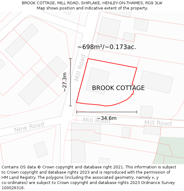 BROOK COTTAGE, MILL ROAD, SHIPLAKE, HENLEY-ON-THAMES, RG9 3LW: Plot and title map