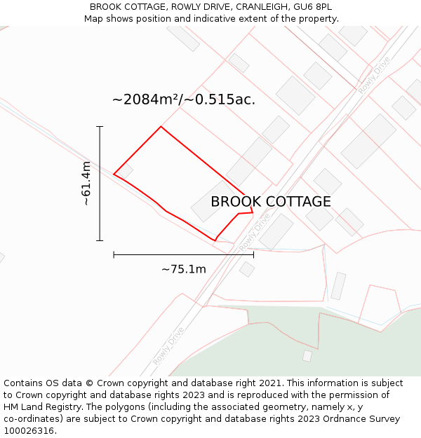 BROOK COTTAGE, ROWLY DRIVE, CRANLEIGH, GU6 8PL: Plot and title map