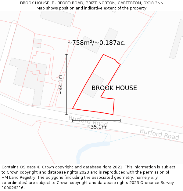 BROOK HOUSE, BURFORD ROAD, BRIZE NORTON, CARTERTON, OX18 3NN: Plot and title map