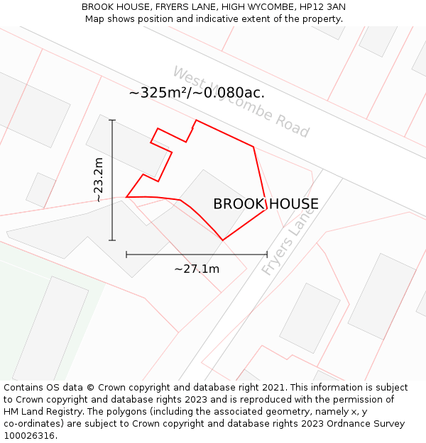 BROOK HOUSE, FRYERS LANE, HIGH WYCOMBE, HP12 3AN: Plot and title map