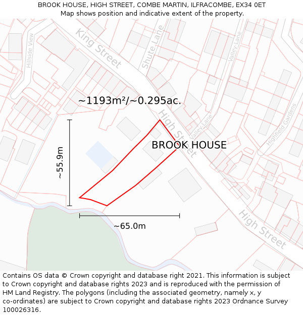 BROOK HOUSE, HIGH STREET, COMBE MARTIN, ILFRACOMBE, EX34 0ET: Plot and title map