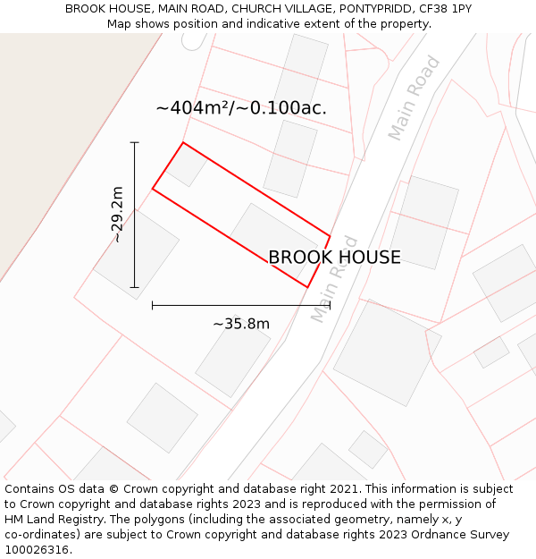 BROOK HOUSE, MAIN ROAD, CHURCH VILLAGE, PONTYPRIDD, CF38 1PY: Plot and title map