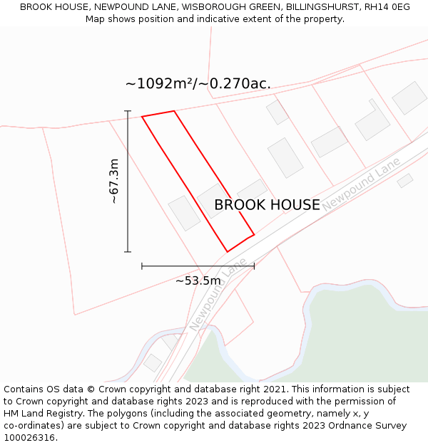 BROOK HOUSE, NEWPOUND LANE, WISBOROUGH GREEN, BILLINGSHURST, RH14 0EG: Plot and title map