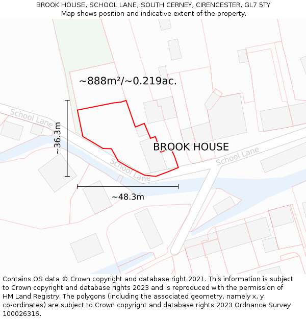 BROOK HOUSE, SCHOOL LANE, SOUTH CERNEY, CIRENCESTER, GL7 5TY: Plot and title map
