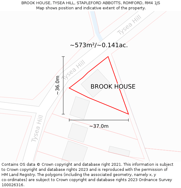 BROOK HOUSE, TYSEA HILL, STAPLEFORD ABBOTTS, ROMFORD, RM4 1JS: Plot and title map