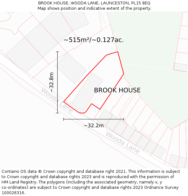 BROOK HOUSE, WOODA LANE, LAUNCESTON, PL15 8EQ: Plot and title map