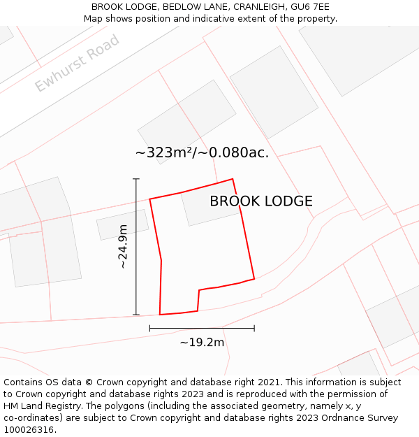 BROOK LODGE, BEDLOW LANE, CRANLEIGH, GU6 7EE: Plot and title map