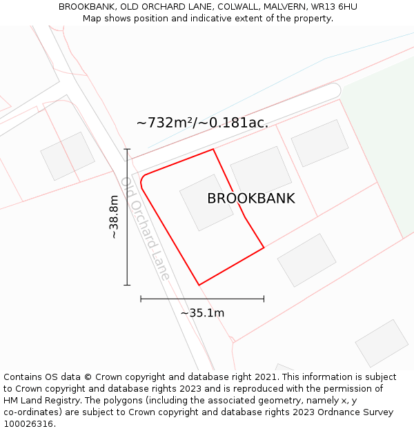 BROOKBANK, OLD ORCHARD LANE, COLWALL, MALVERN, WR13 6HU: Plot and title map