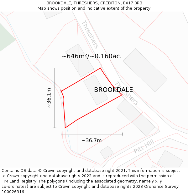 BROOKDALE, THRESHERS, CREDITON, EX17 3PB: Plot and title map