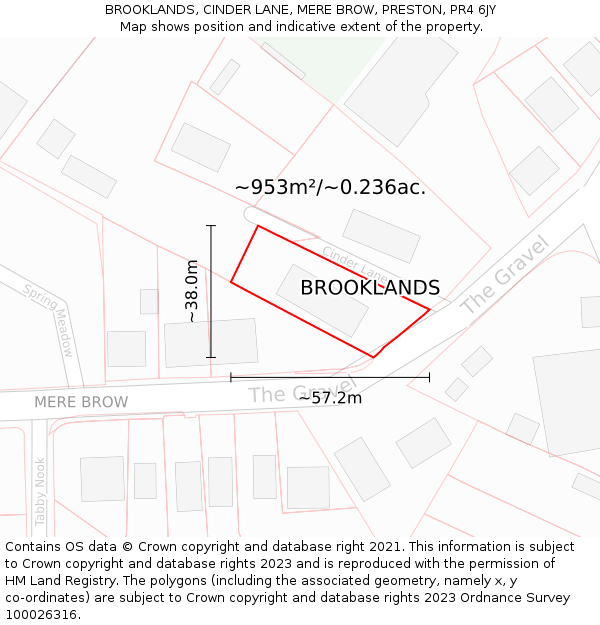 BROOKLANDS, CINDER LANE, MERE BROW, PRESTON, PR4 6JY: Plot and title map