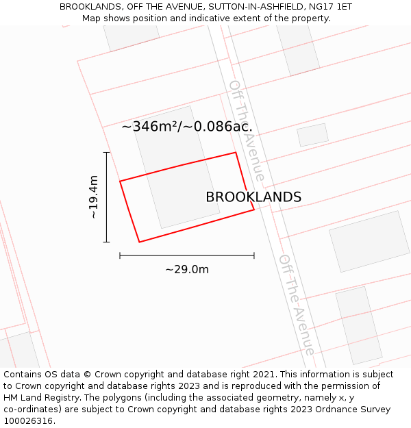 BROOKLANDS, OFF THE AVENUE, SUTTON-IN-ASHFIELD, NG17 1ET: Plot and title map