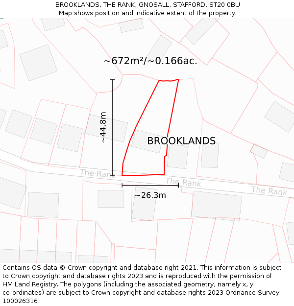 BROOKLANDS, THE RANK, GNOSALL, STAFFORD, ST20 0BU: Plot and title map