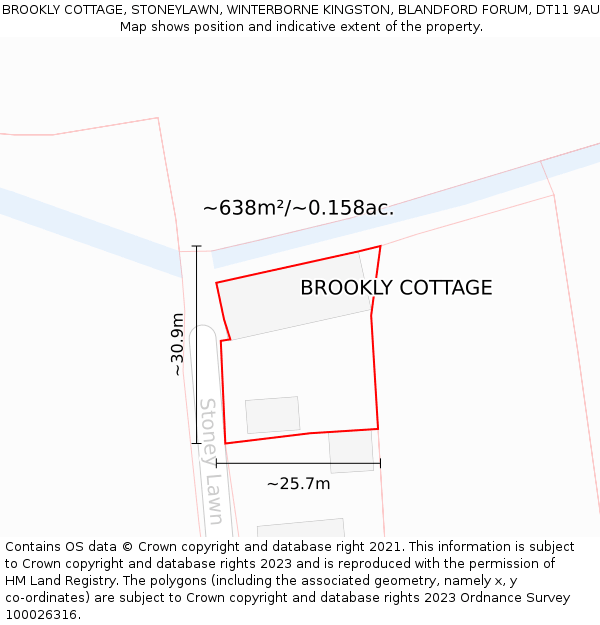 BROOKLY COTTAGE, STONEYLAWN, WINTERBORNE KINGSTON, BLANDFORD FORUM, DT11 9AU: Plot and title map
