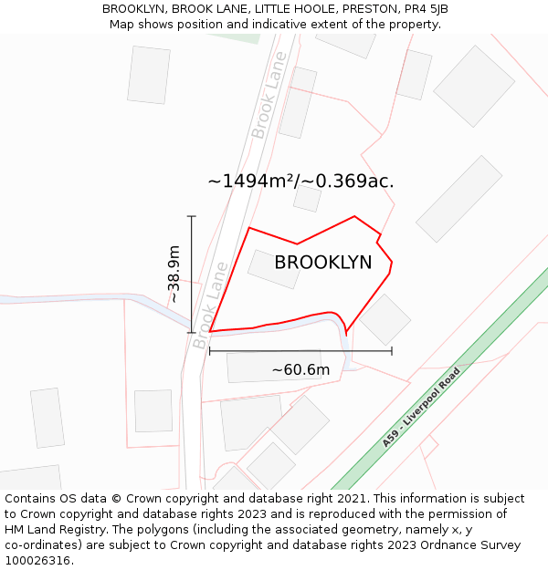 BROOKLYN, BROOK LANE, LITTLE HOOLE, PRESTON, PR4 5JB: Plot and title map