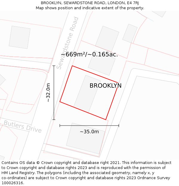 BROOKLYN, SEWARDSTONE ROAD, LONDON, E4 7RJ: Plot and title map