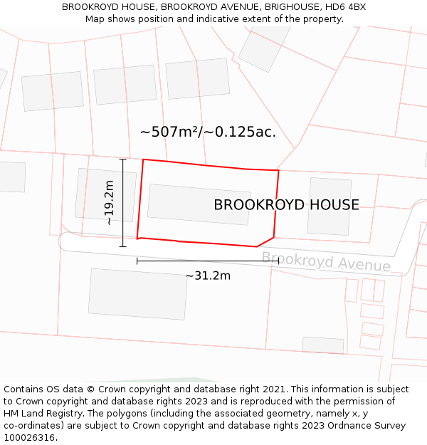BROOKROYD HOUSE, BROOKROYD AVENUE, BRIGHOUSE, HD6 4BX: Plot and title map