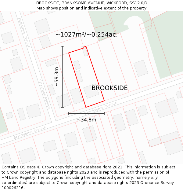 BROOKSIDE, BRANKSOME AVENUE, WICKFORD, SS12 0JD: Plot and title map