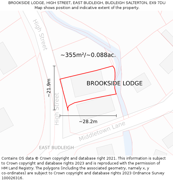 BROOKSIDE LODGE, HIGH STREET, EAST BUDLEIGH, BUDLEIGH SALTERTON, EX9 7DU: Plot and title map