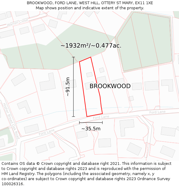 BROOKWOOD, FORD LANE, WEST HILL, OTTERY ST MARY, EX11 1XE: Plot and title map