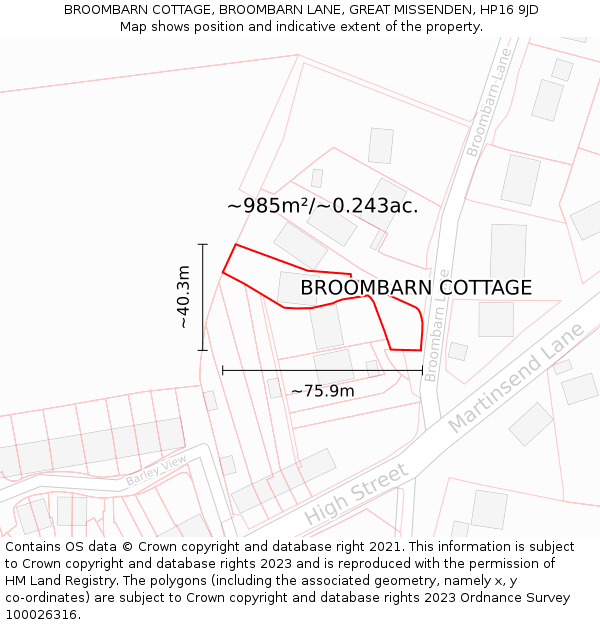 BROOMBARN COTTAGE, BROOMBARN LANE, GREAT MISSENDEN, HP16 9JD: Plot and title map