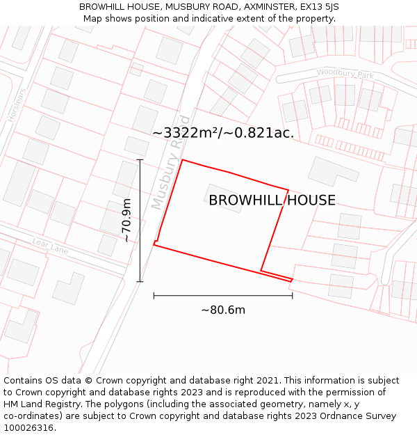 BROWHILL HOUSE, MUSBURY ROAD, AXMINSTER, EX13 5JS: Plot and title map