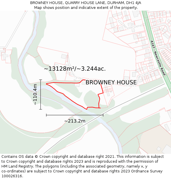 BROWNEY HOUSE, QUARRY HOUSE LANE, DURHAM, DH1 4JA: Plot and title map