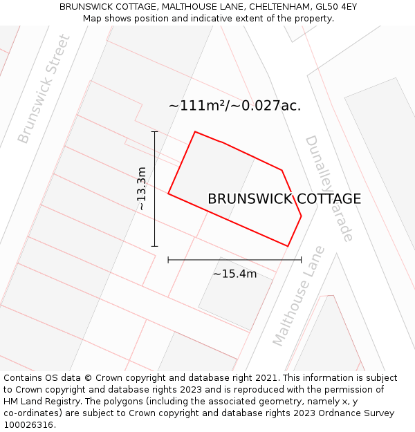 BRUNSWICK COTTAGE, MALTHOUSE LANE, CHELTENHAM, GL50 4EY: Plot and title map