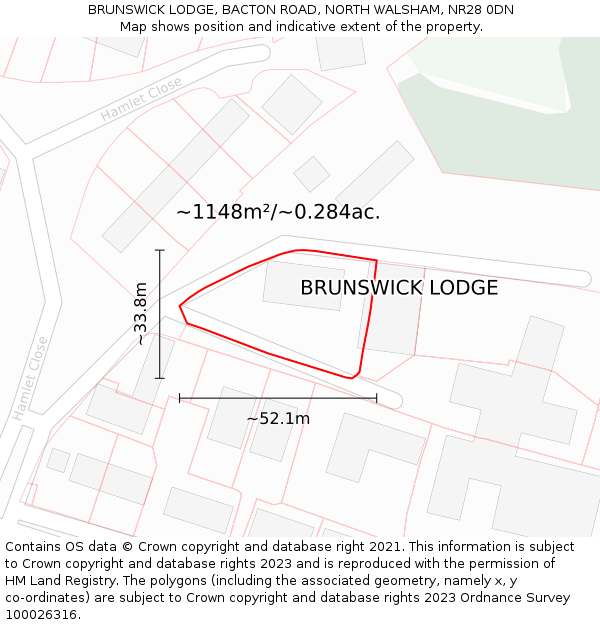 BRUNSWICK LODGE, BACTON ROAD, NORTH WALSHAM, NR28 0DN: Plot and title map
