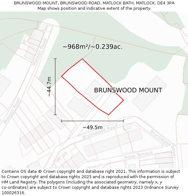 BRUNSWOOD MOUNT, BRUNSWOOD ROAD, MATLOCK BATH, MATLOCK, DE4 3PA: Plot and title map