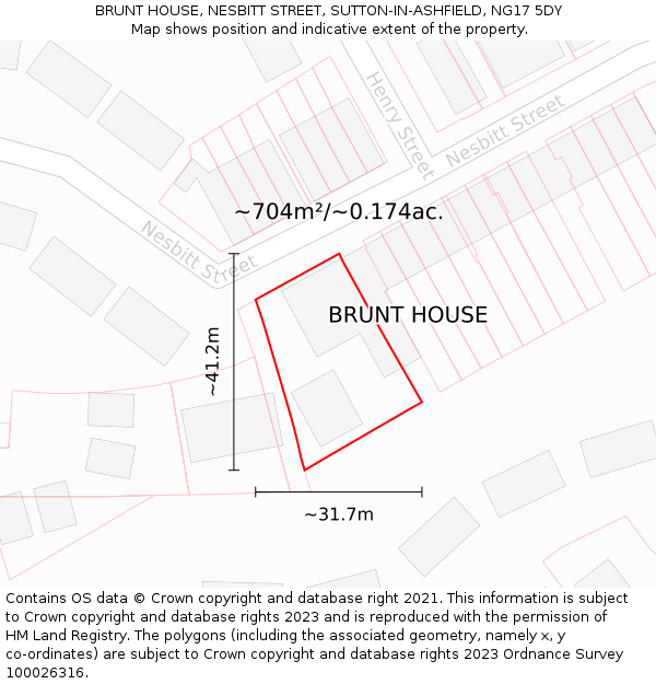 BRUNT HOUSE, NESBITT STREET, SUTTON-IN-ASHFIELD, NG17 5DY: Plot and title map