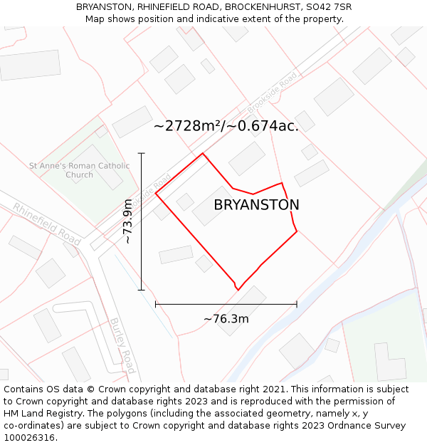 BRYANSTON, RHINEFIELD ROAD, BROCKENHURST, SO42 7SR: Plot and title map