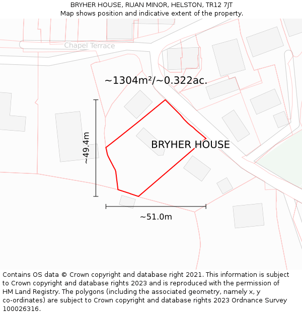 BRYHER HOUSE, RUAN MINOR, HELSTON, TR12 7JT: Plot and title map