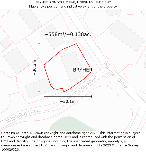 BRYHER, PONDTAIL DRIVE, HORSHAM, RH12 5HY: Plot and title map