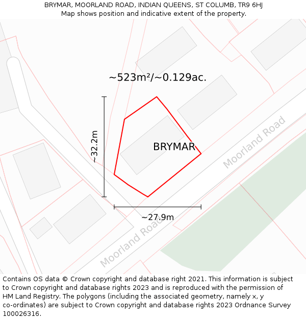 BRYMAR, MOORLAND ROAD, INDIAN QUEENS, ST COLUMB, TR9 6HJ: Plot and title map