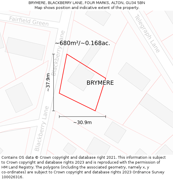 BRYMERE, BLACKBERRY LANE, FOUR MARKS, ALTON, GU34 5BN: Plot and title map