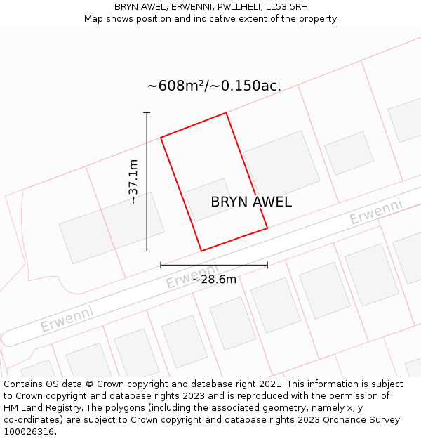 BRYN AWEL, ERWENNI, PWLLHELI, LL53 5RH: Plot and title map