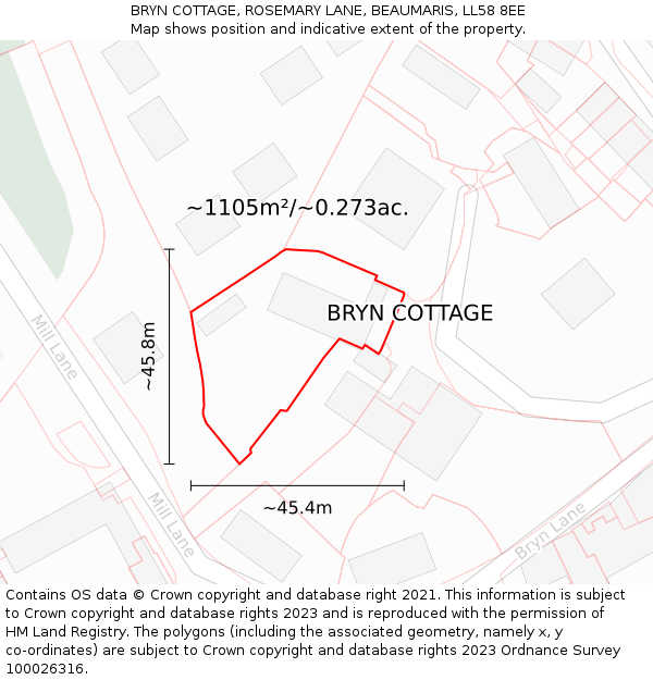 BRYN COTTAGE, ROSEMARY LANE, BEAUMARIS, LL58 8EE: Plot and title map