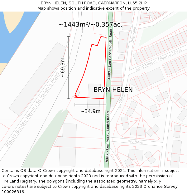 BRYN HELEN, SOUTH ROAD, CAERNARFON, LL55 2HP: Plot and title map