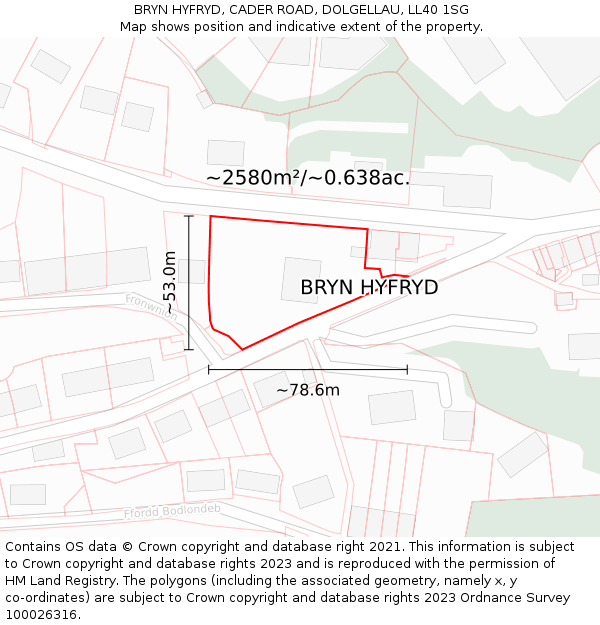 BRYN HYFRYD, CADER ROAD, DOLGELLAU, LL40 1SG: Plot and title map