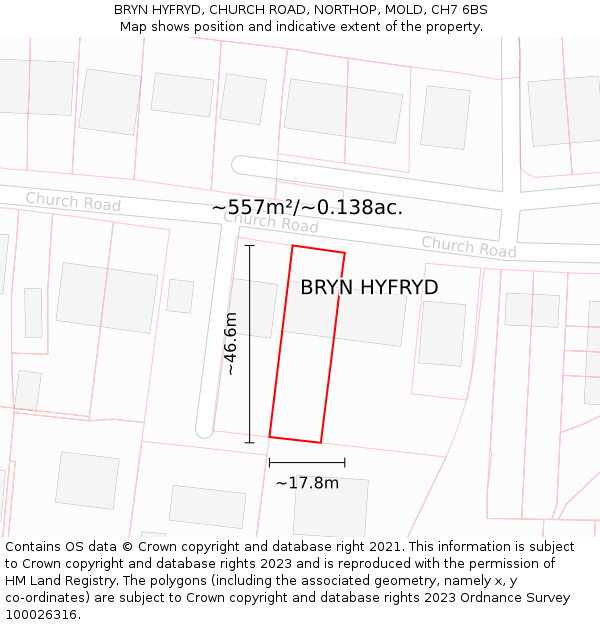 BRYN HYFRYD, CHURCH ROAD, NORTHOP, MOLD, CH7 6BS: Plot and title map