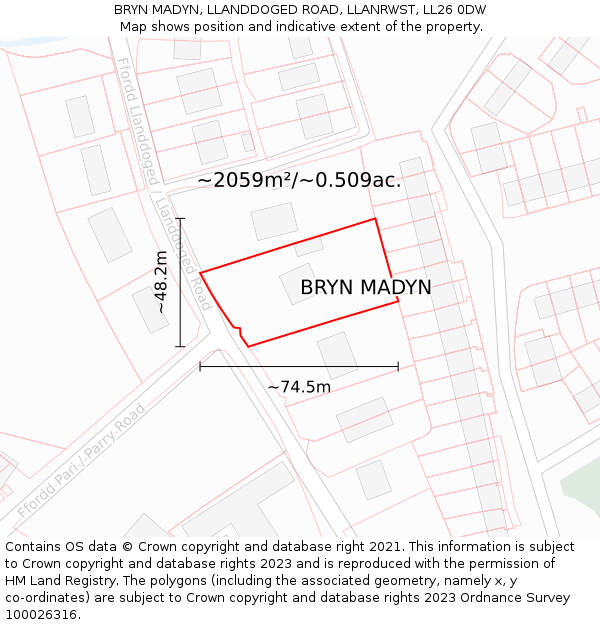 BRYN MADYN, LLANDDOGED ROAD, LLANRWST, LL26 0DW: Plot and title map