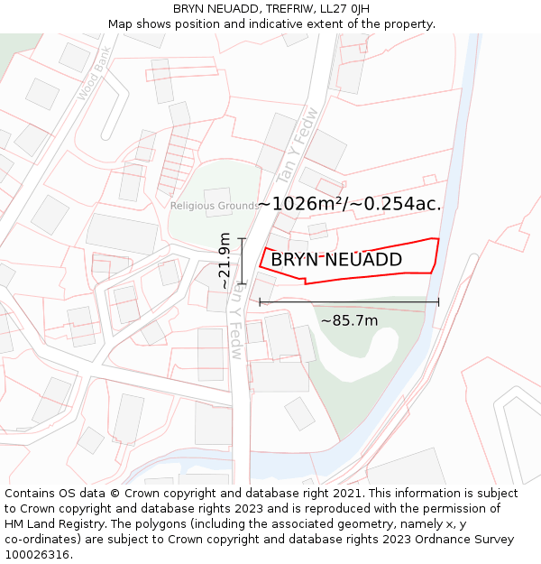 BRYN NEUADD, TREFRIW, LL27 0JH: Plot and title map